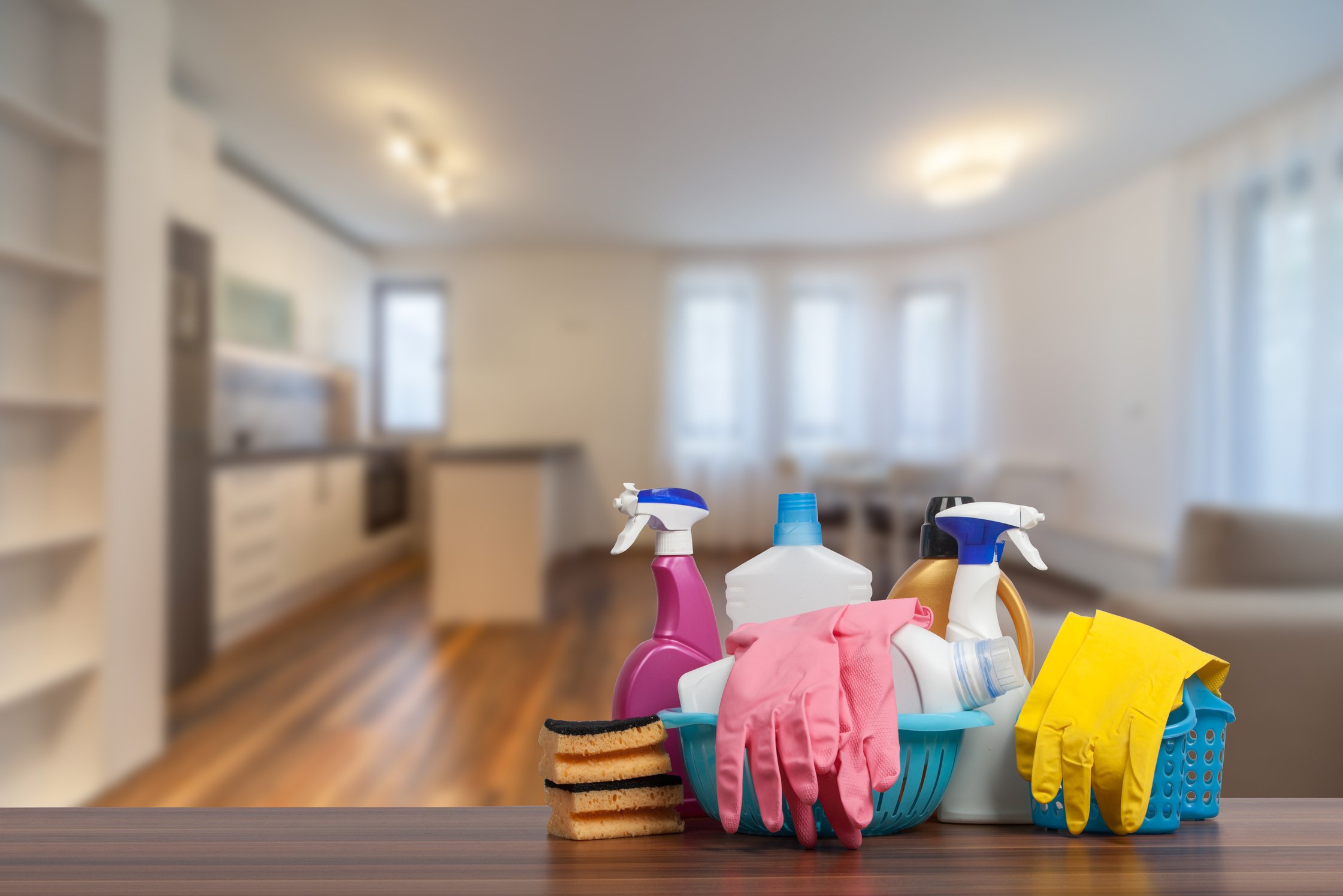 New modern living room with kitchen. New home. Interior photography. Wooden floor.